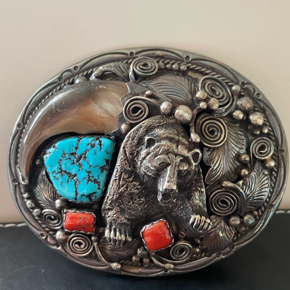 Navajo buckle, sterling silver, coral, turquoise buckle